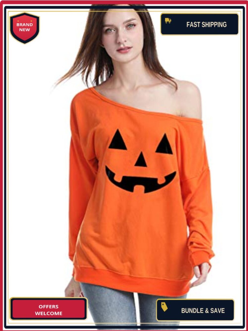 Womens Off Shoulder Halloween Pumpkin Sweatshirt Pullover Costume Plus Size